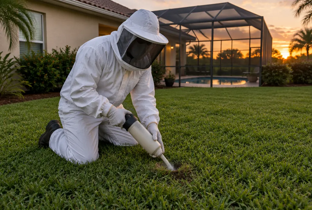 Suited technician treating a ground yellow jacket nest in a Miami-Dade yard