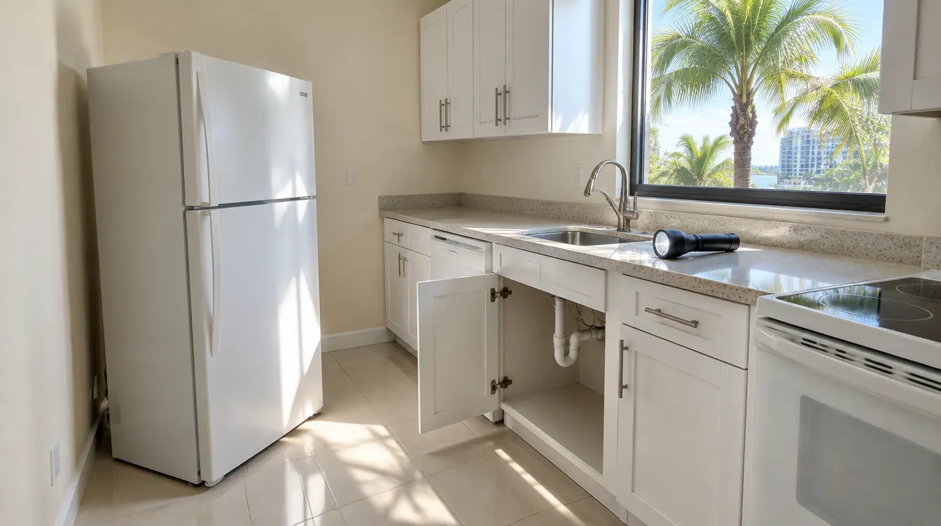 Miami apartment kitchen being checked for German cockroaches