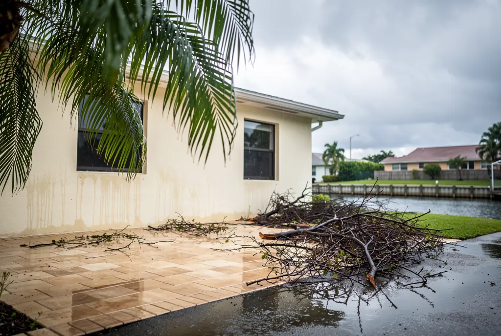 Storm debris and standing water behind a Miami canal-front home