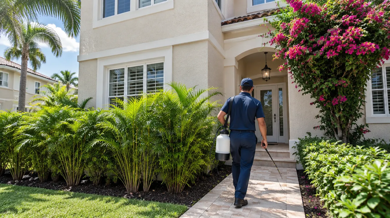 Exterminator arriving for pest control services at a Miami, FL stucco home